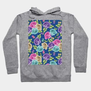 Botanical Roses Seamless Pattern On Blue Background Hoodie